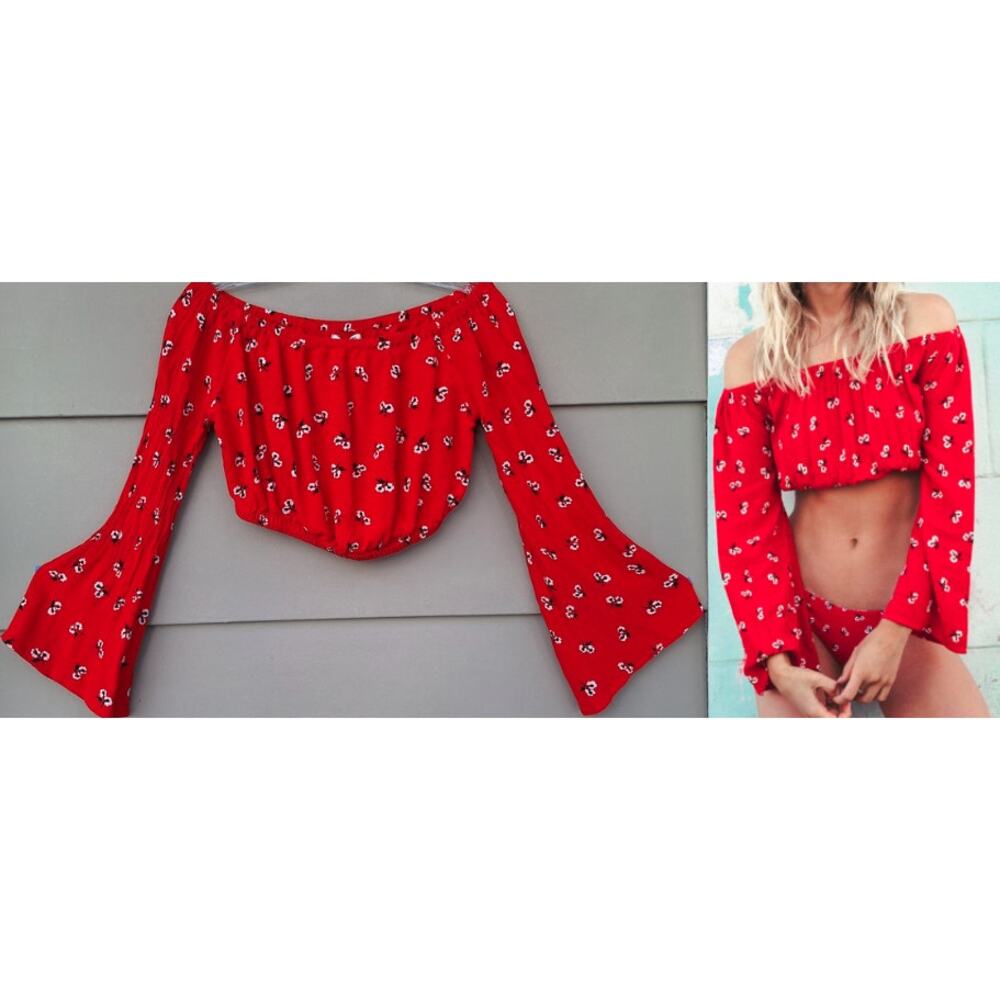 Billabong Australia Off Shoulder Bell sleeves Cropped Top Beach Red Floral Sz M